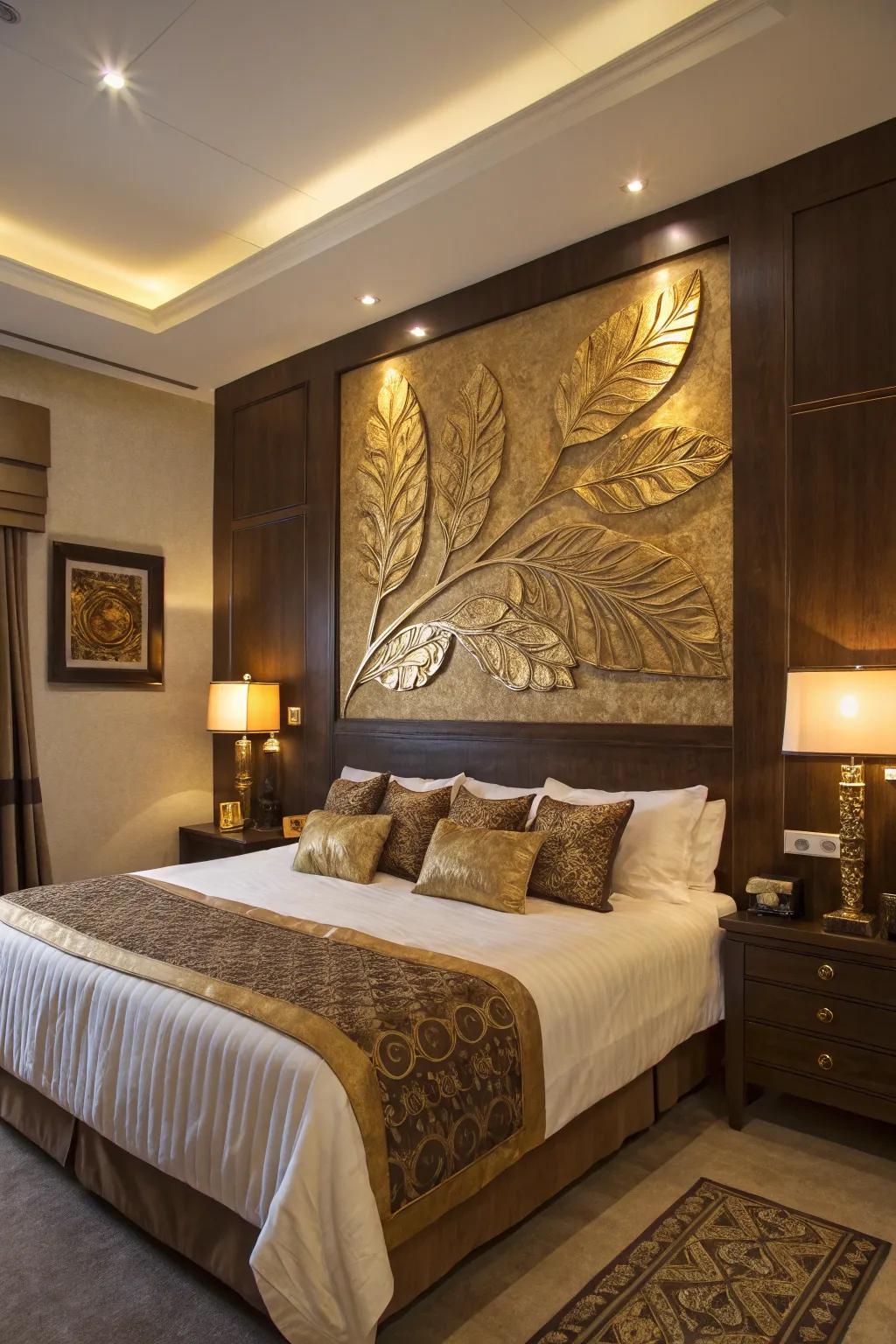 Gilded leaf artwork becomes a striking point of interest in the room.