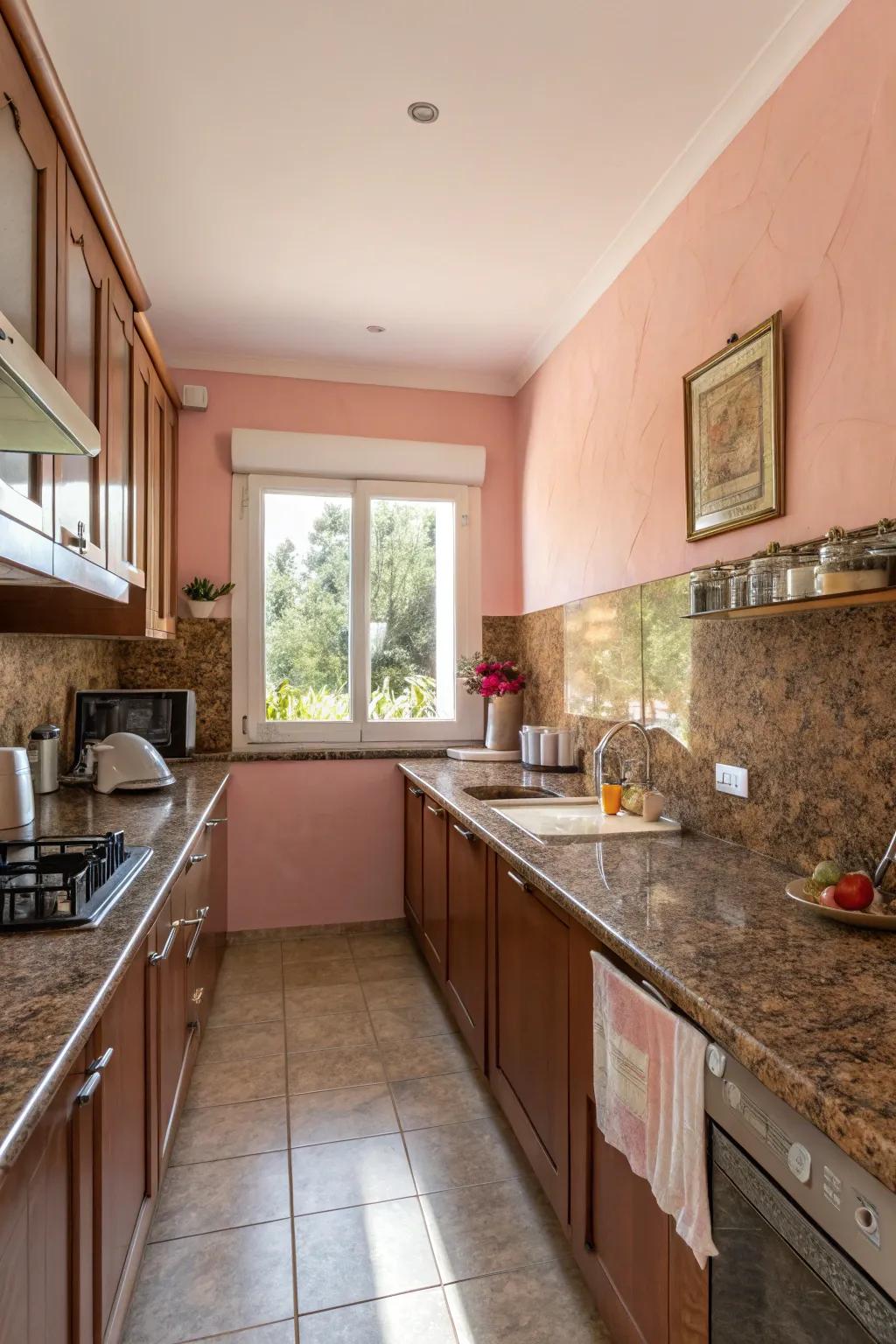 Gentle rose walls add a gentle and welcoming touch to the space.