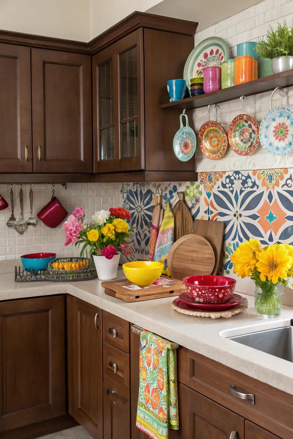 Include personality with a sprinkle of color against brown cabinetry.