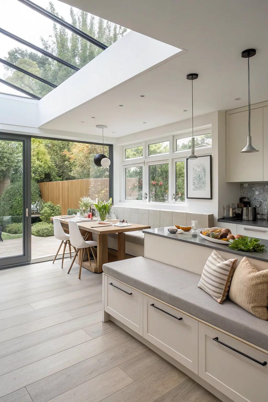 A free-standing banquette design that enhances the sense of space.