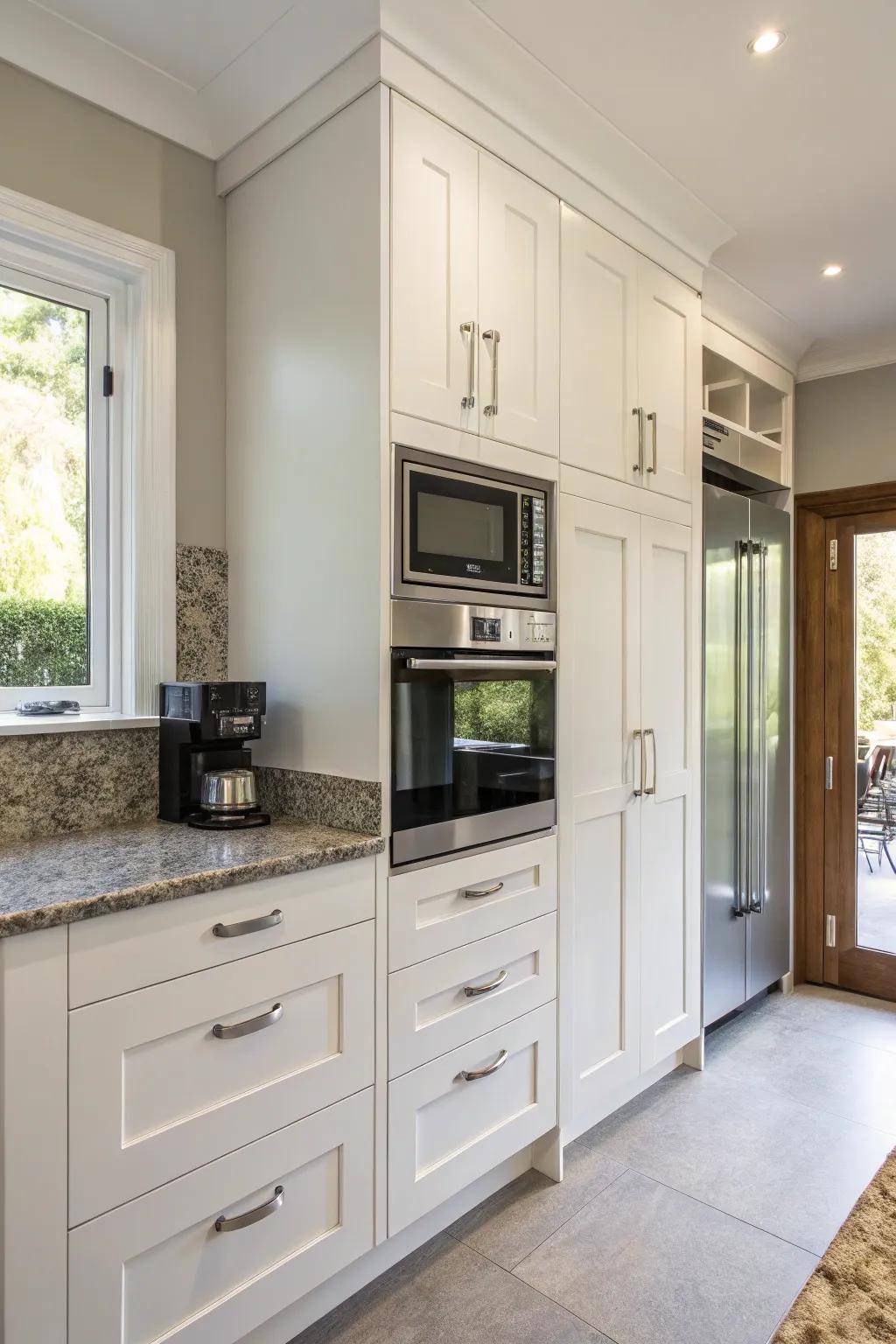 Contemporary kitchen featuring a microwave integrated into a tall cabinet.