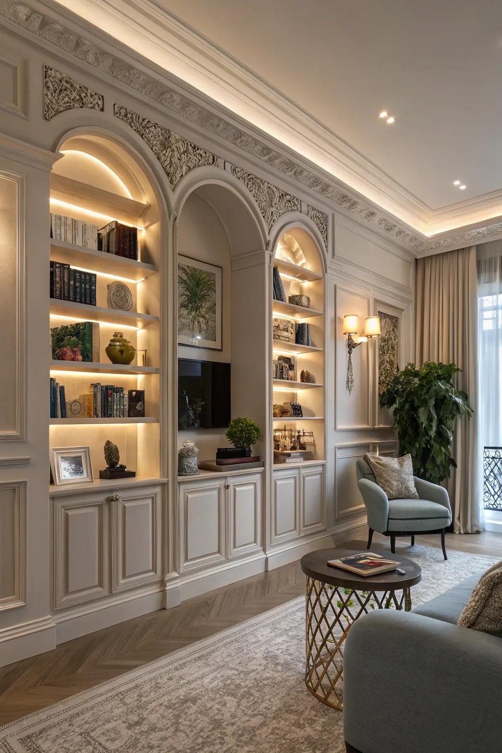 Architectural aspects give classiness and elegance to built-in shelves.
