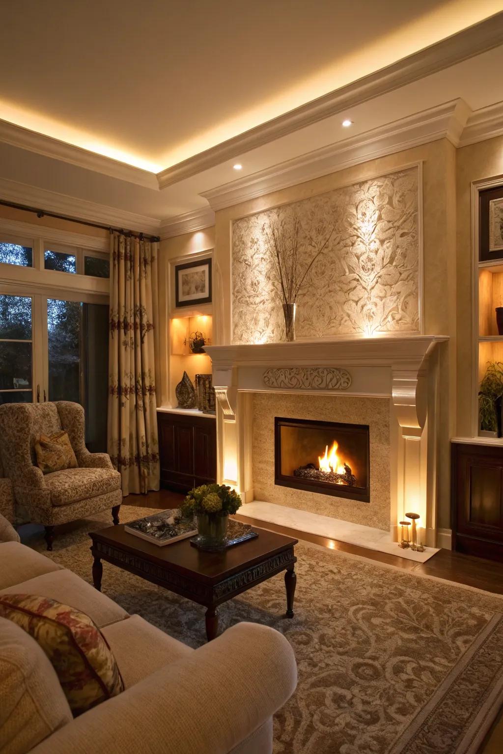 Lighting accentuates the beauty of fireplace built-ins.