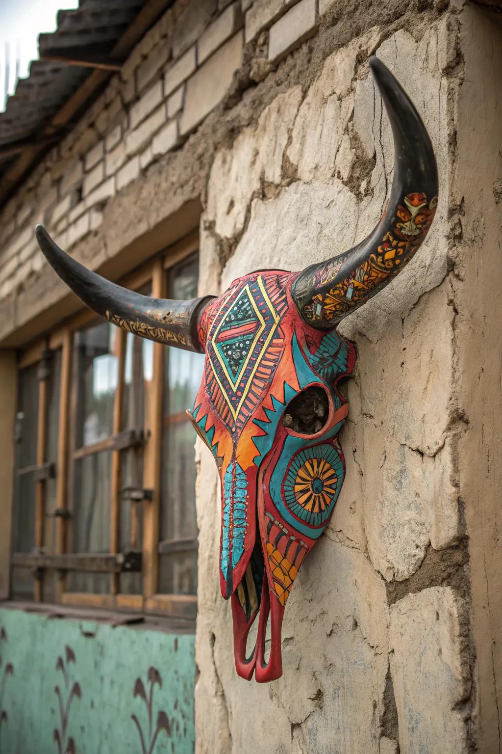 Vibrantly painted cattle skull introducing personality.