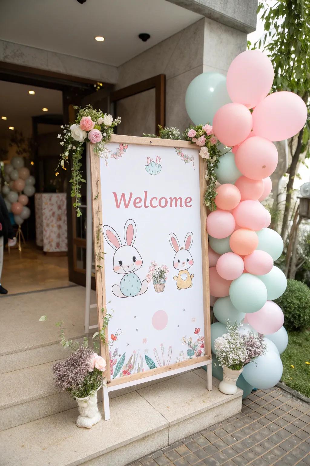 A welcoming bunny-themed placard greets attendees at the entrance.