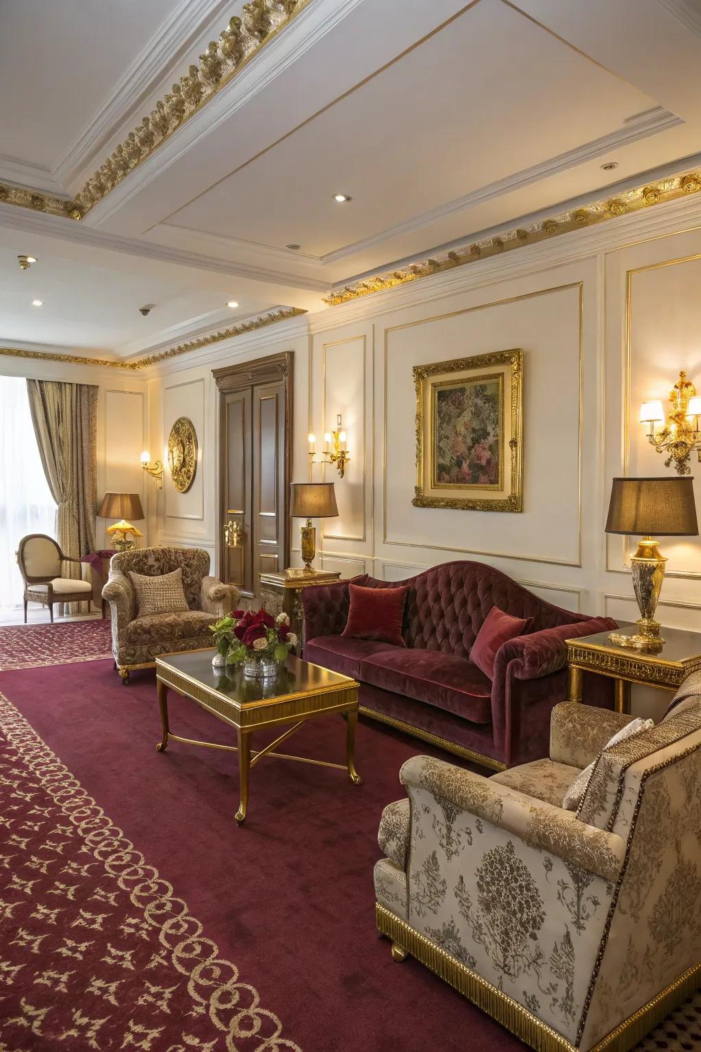 Lavish themes with gilded accents and silk elevate the luxury of a claret floor covering.