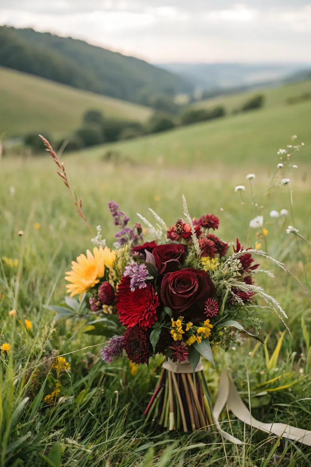 A burgundy bouquet accented with charming wildflowers.