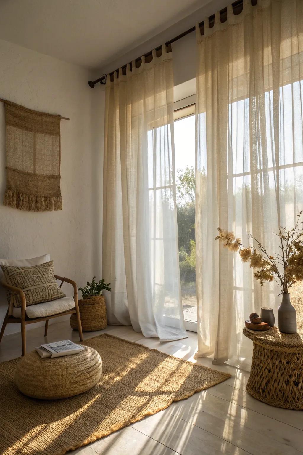 Sackcloth and gauze drapes create a light and airy space.