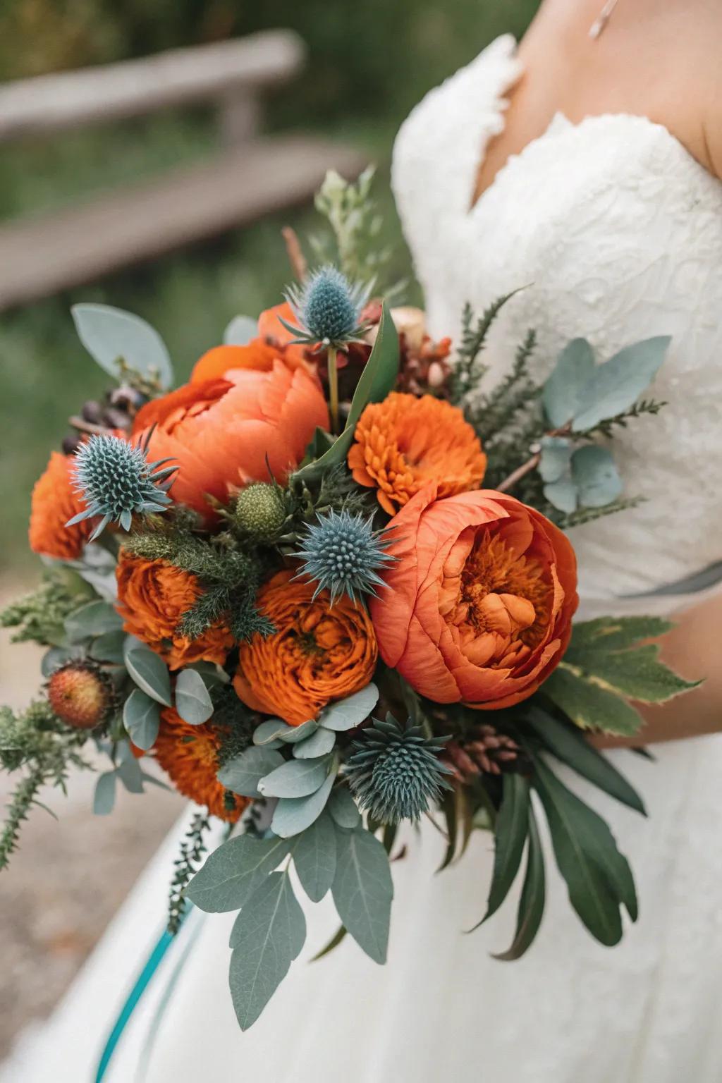 A bridal bouquet that harmonizes daring hues beautifully.