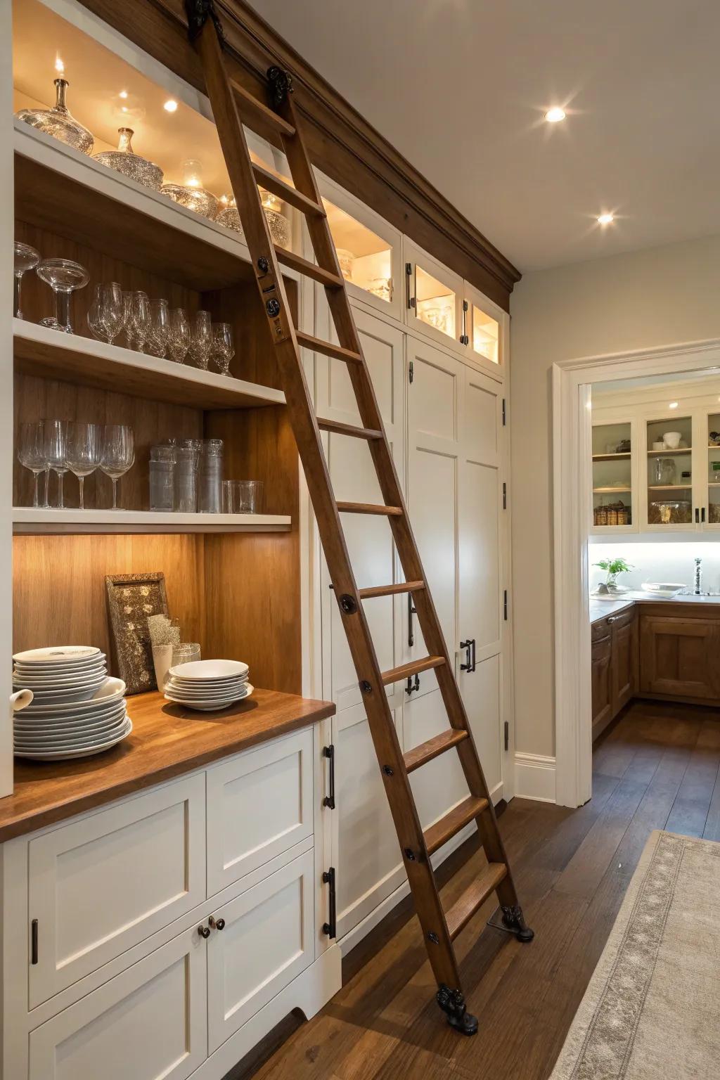 A charming butler's pantry with a gliding ladder for accessing high shelves.