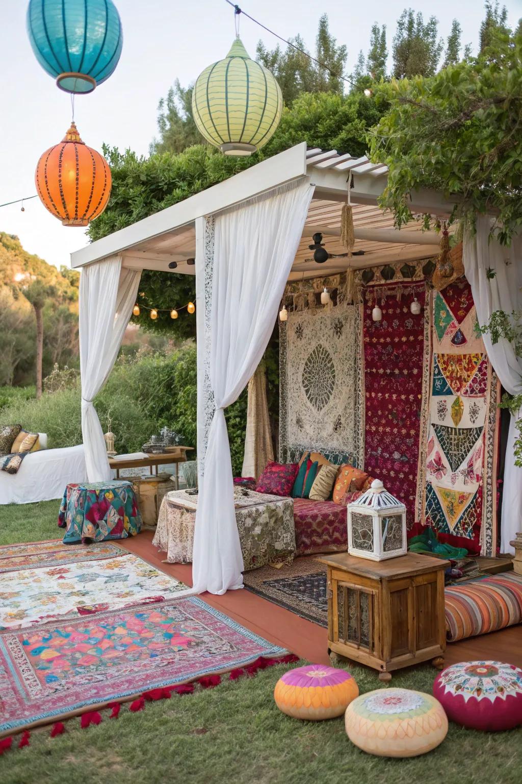 Bohemian cabana showcasing vibrant textiles and unique ornamentation.