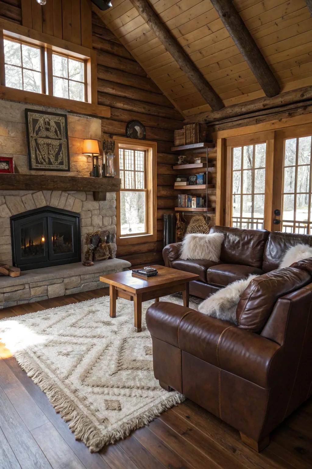 A captivating cabin living room showcasing varied textures