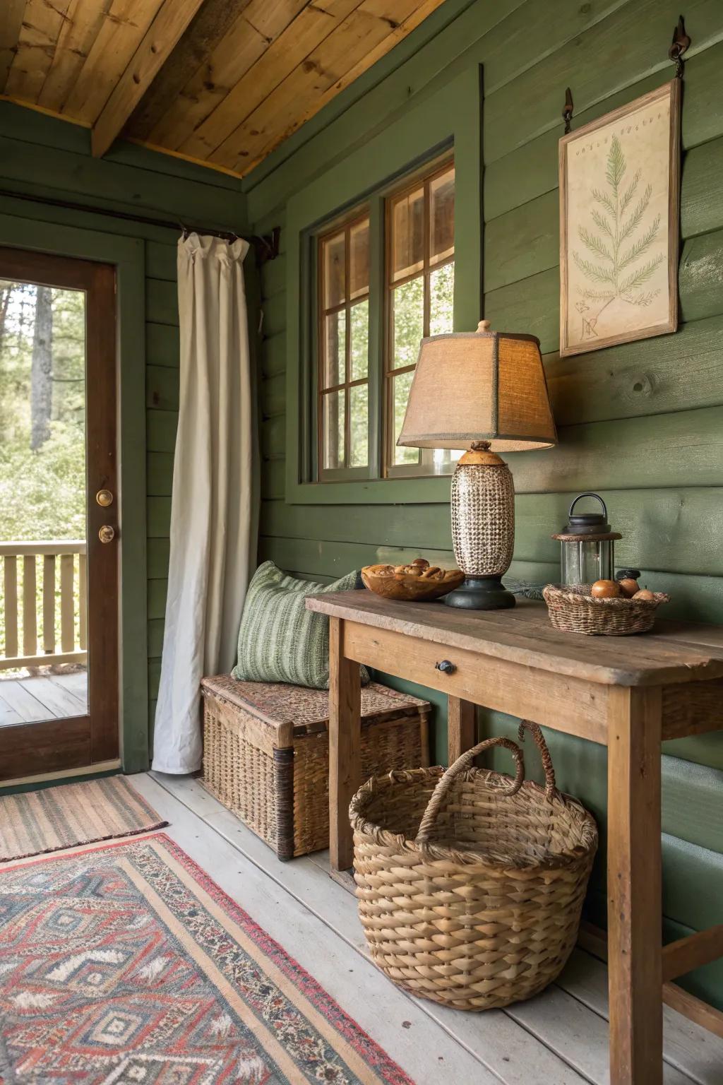 A natural color palette establishes an inviting and harmonious cabin atmosphere.