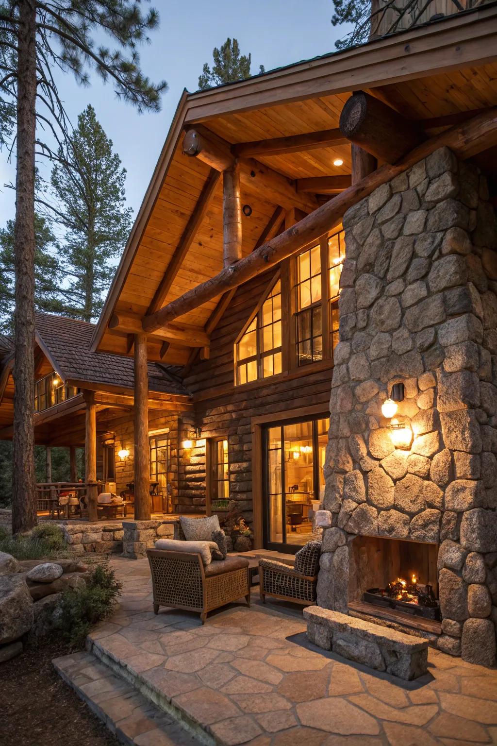 Lighting complementing lumber and stone elements in a cabin interior.