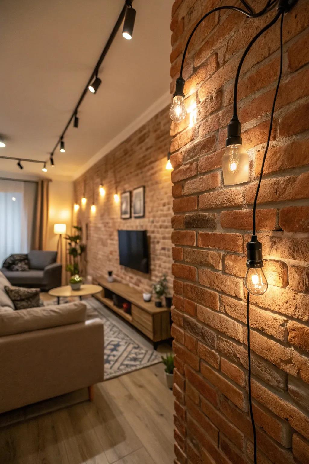 Showcase structural attributes like exposed brick using wiring lighting.