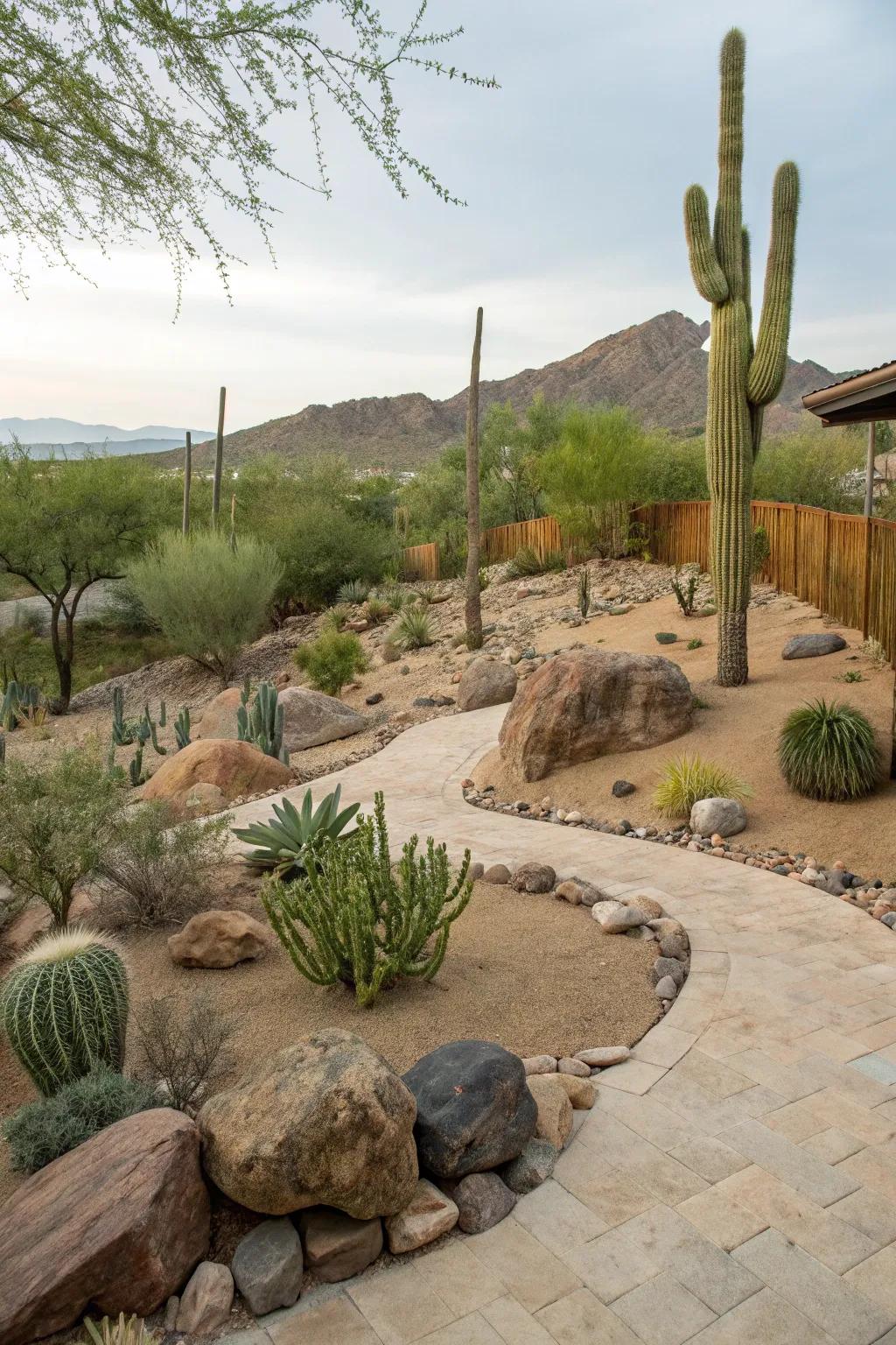 A desert-themed outdoor sanctuary featuring sand and cacti.