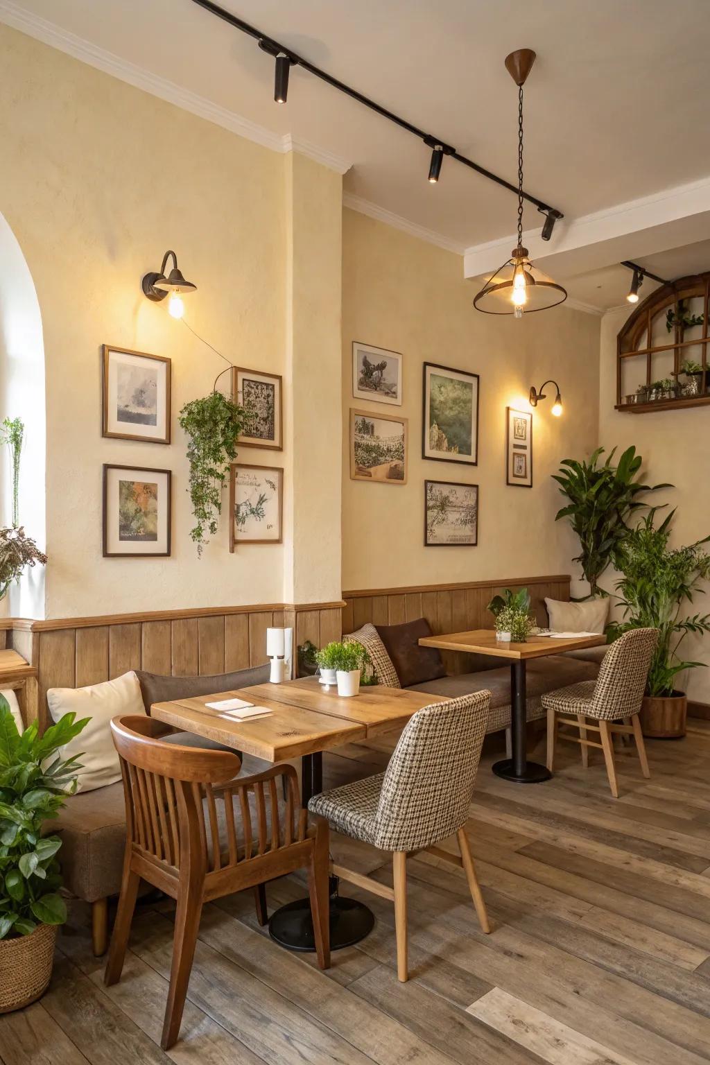 Unbiased and earthy tones cultivate a serene ambiance within your home cafe.