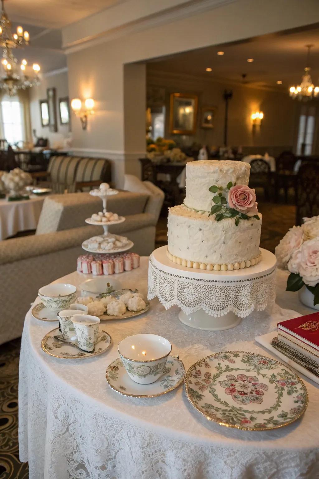 A dessert showcase with vintage components, exuding ageless elegance and charm.