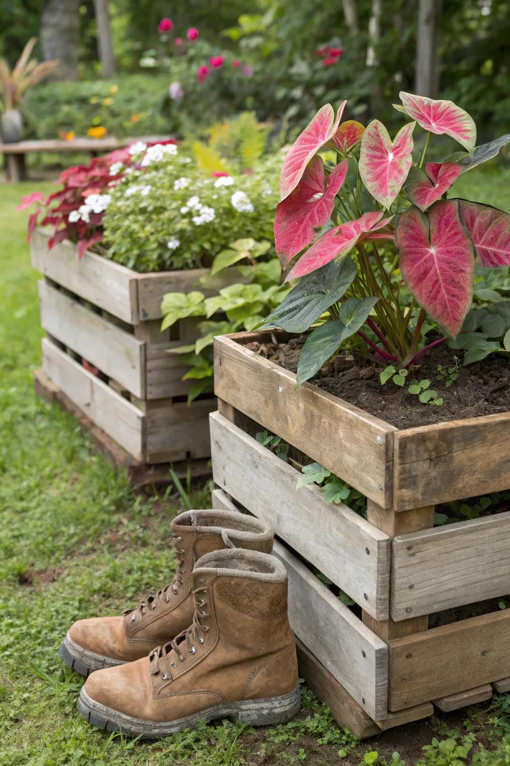 Recycled materials morphing into exceptional, sustainable caladium planters.