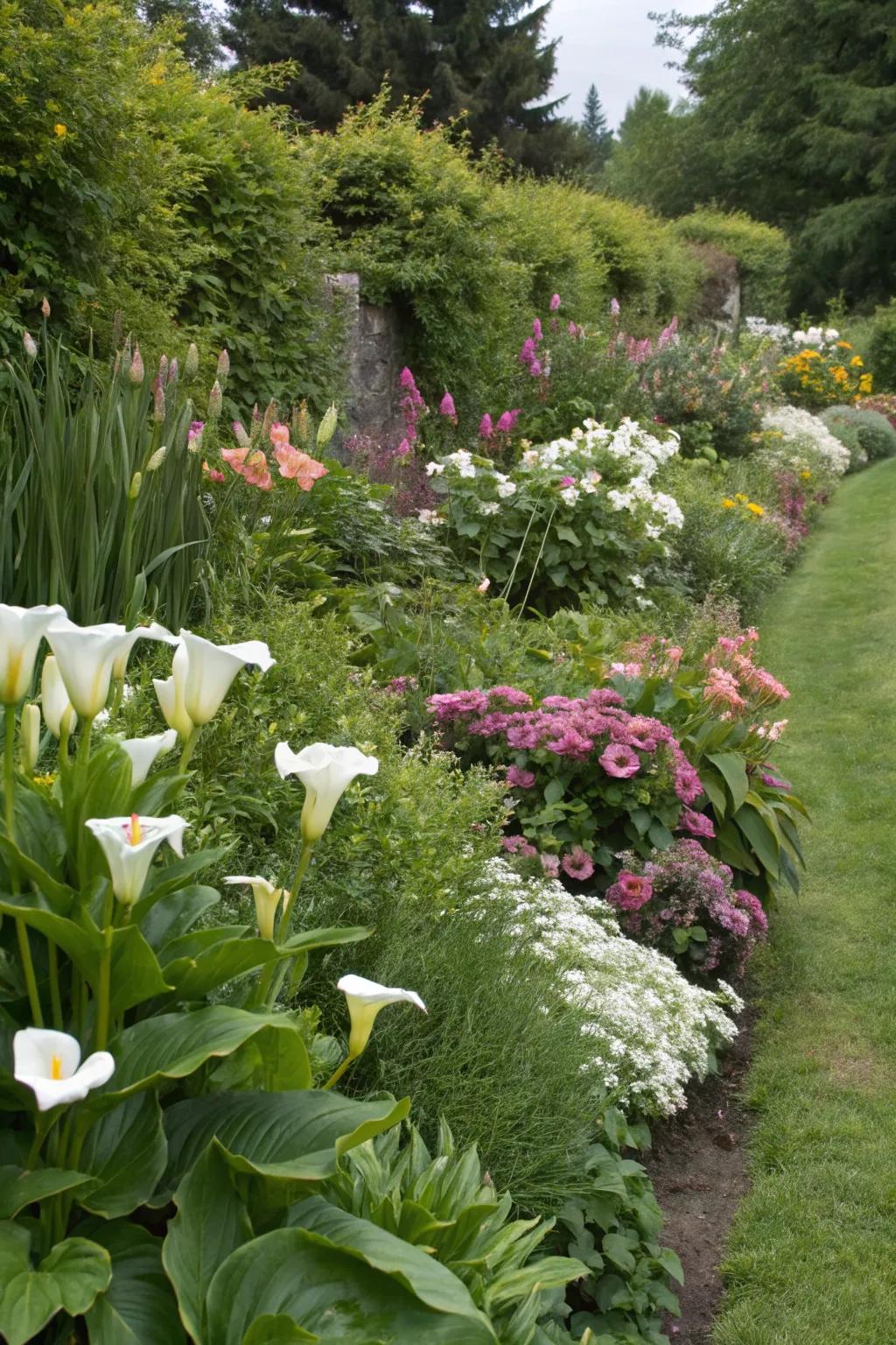 Radiant snowdrops enhancing a mixed flower border.