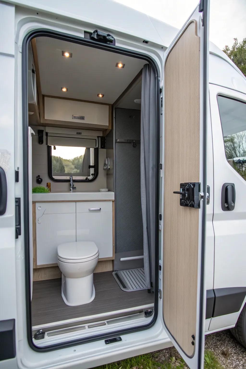 A space-saving sliding door in a camper van bathroom.