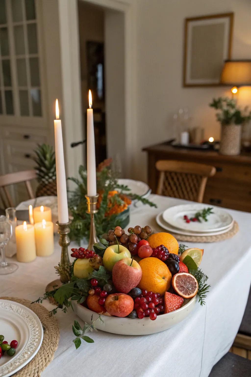 A lively and novel centerpiece is conceived by combining lights and fruit.