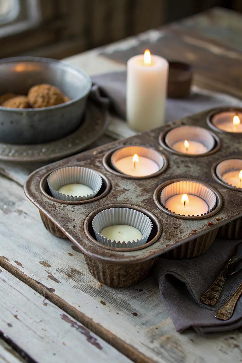 Adorable retro tart tin candle display.