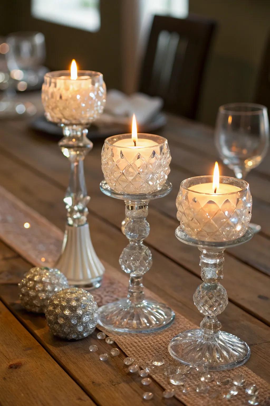 Cut glass and crystal flame holders gracefully reflecting flame light.