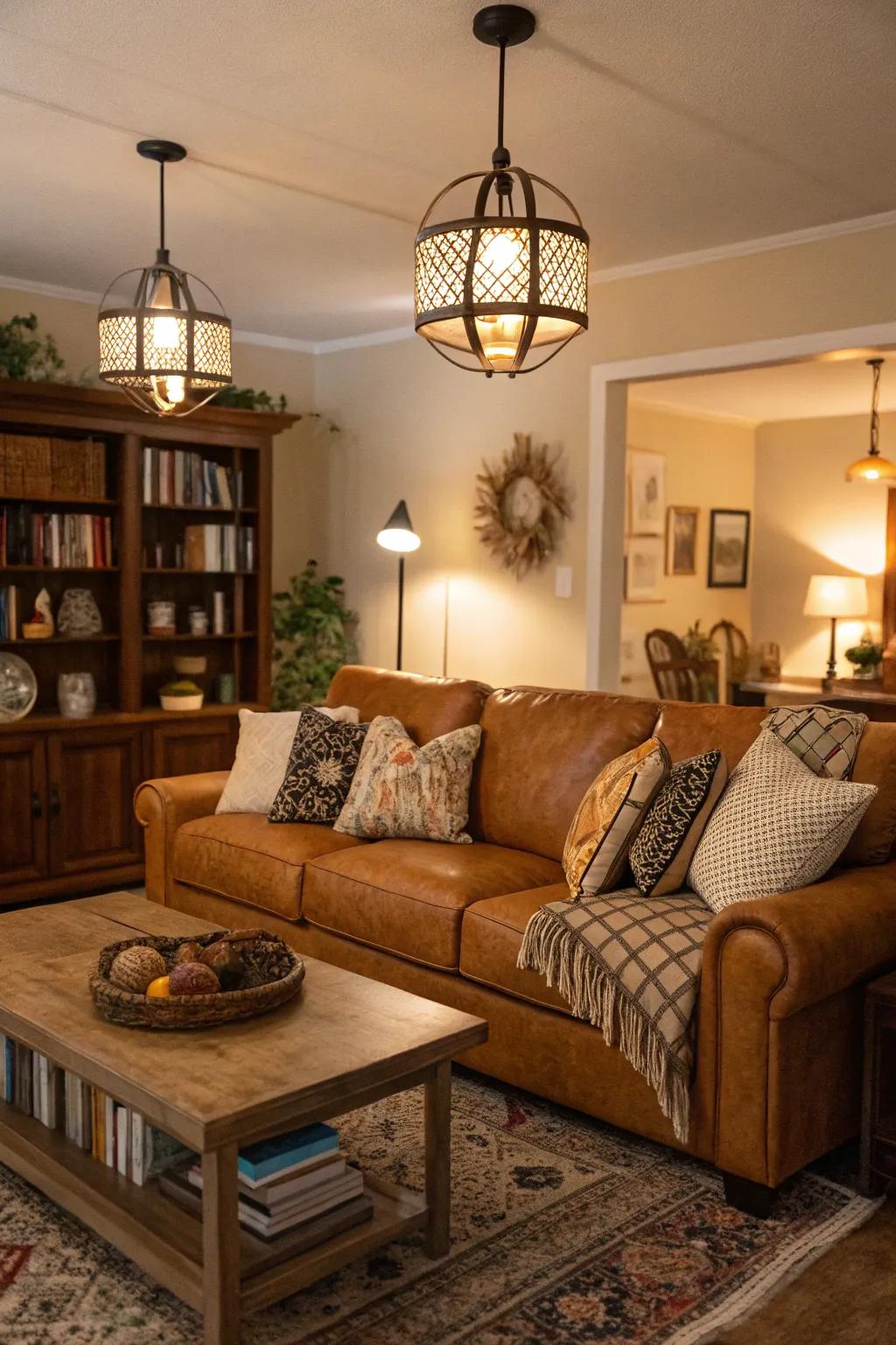 Layered illumination enhances the ambiance of a honey-toned sofa room.