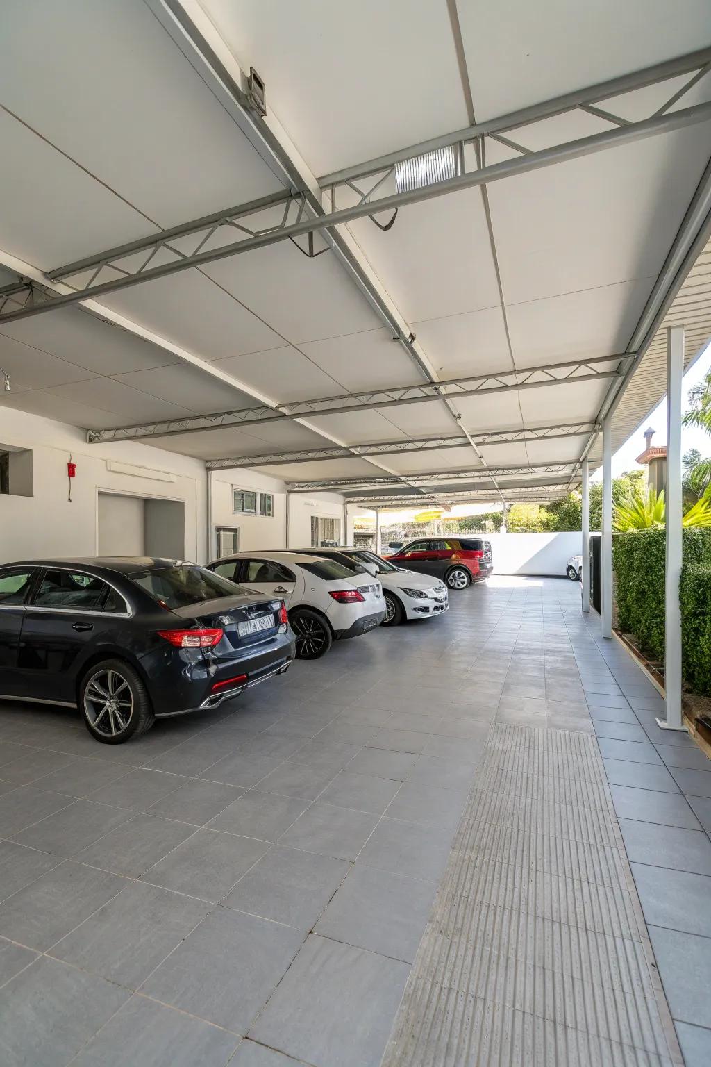 A carport with a practical arrangement, offering ample area for multiple vehicles.