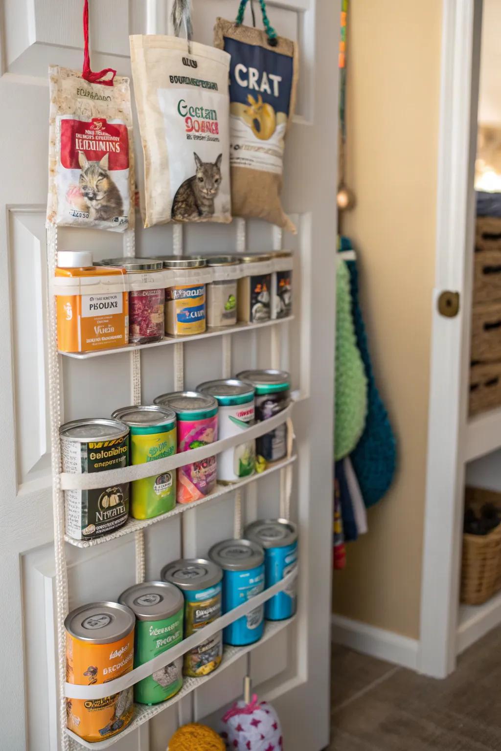 An above-panel rack delivering supplementary storage for feline provisions.