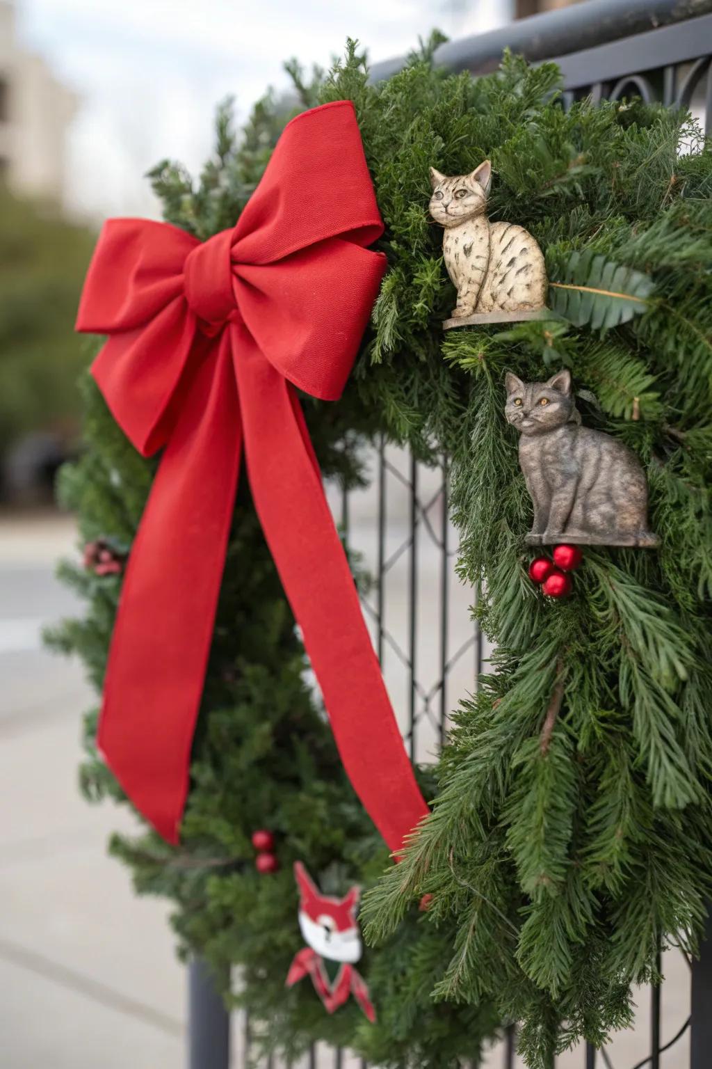 A festive holiday bow feline wreath to celebrate the season.