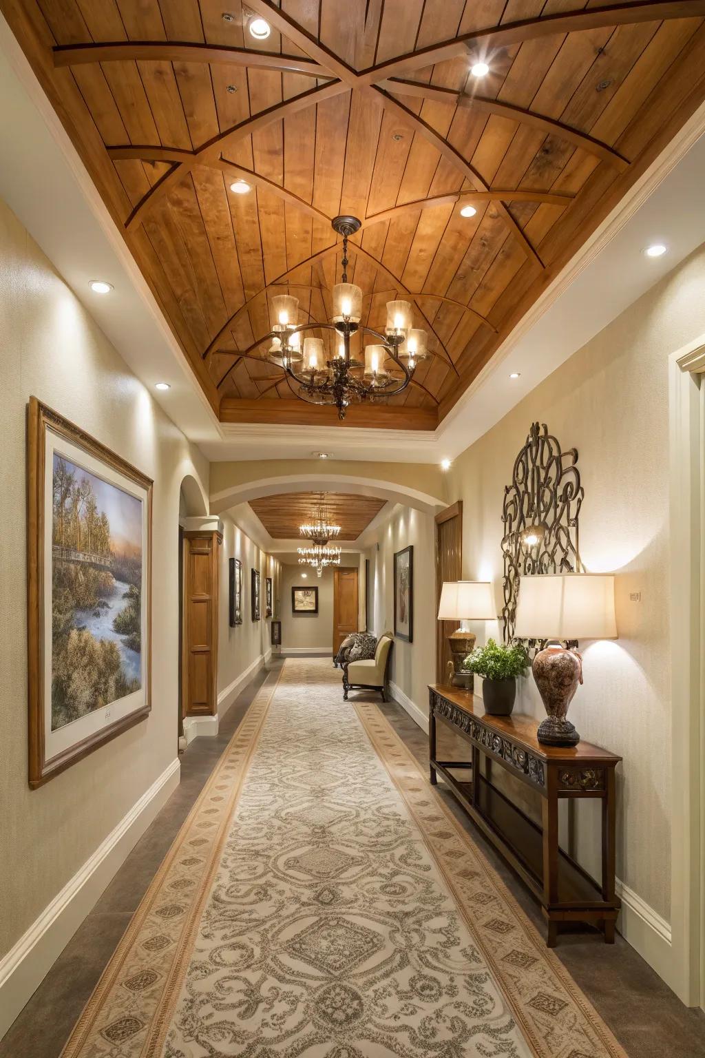 A hallway with a timber embellished ceiling, furnishing an ingenious nuance.