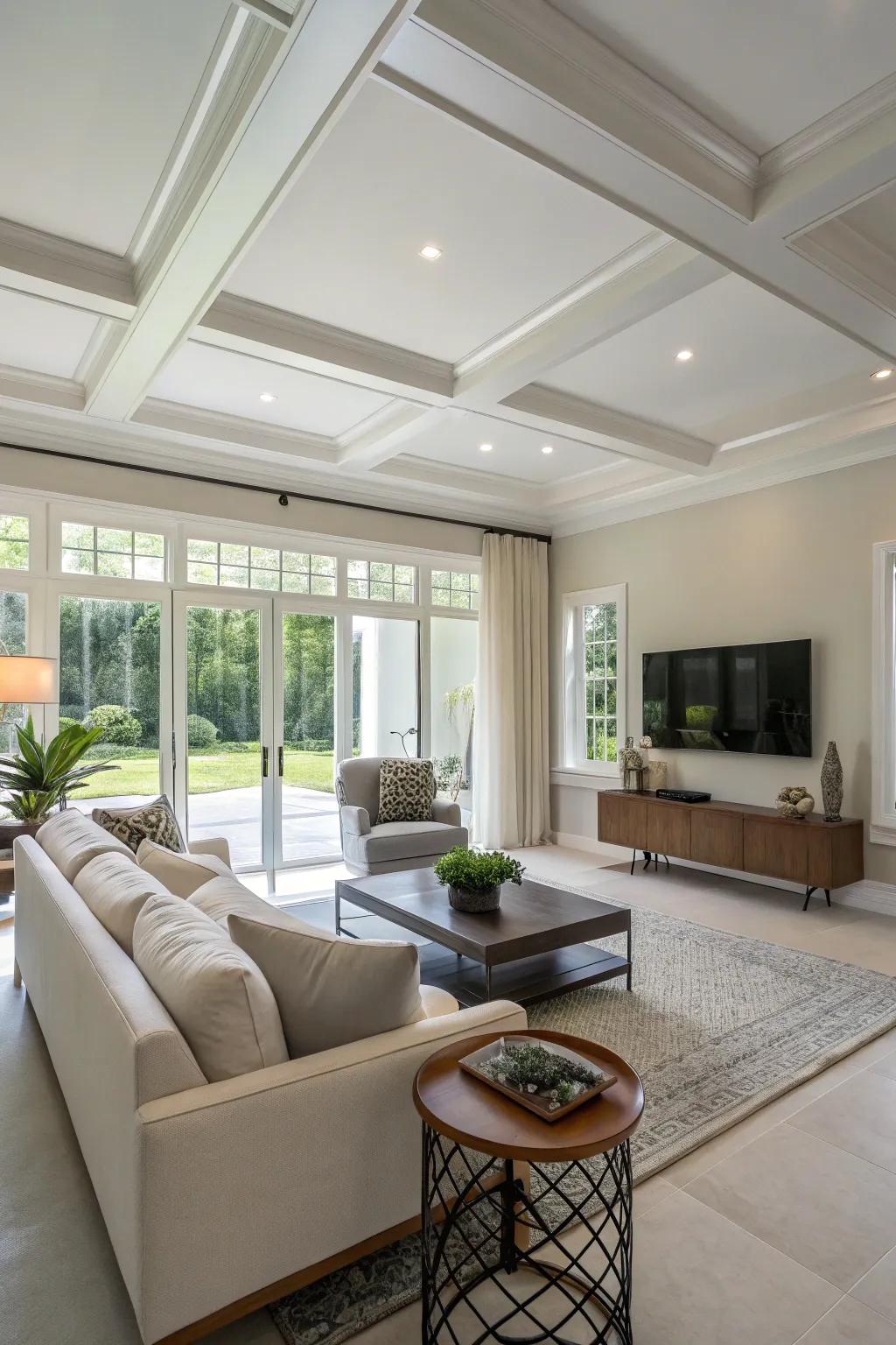 Flat finishes and muted tones evoke a timeless minimalist ceiling.
