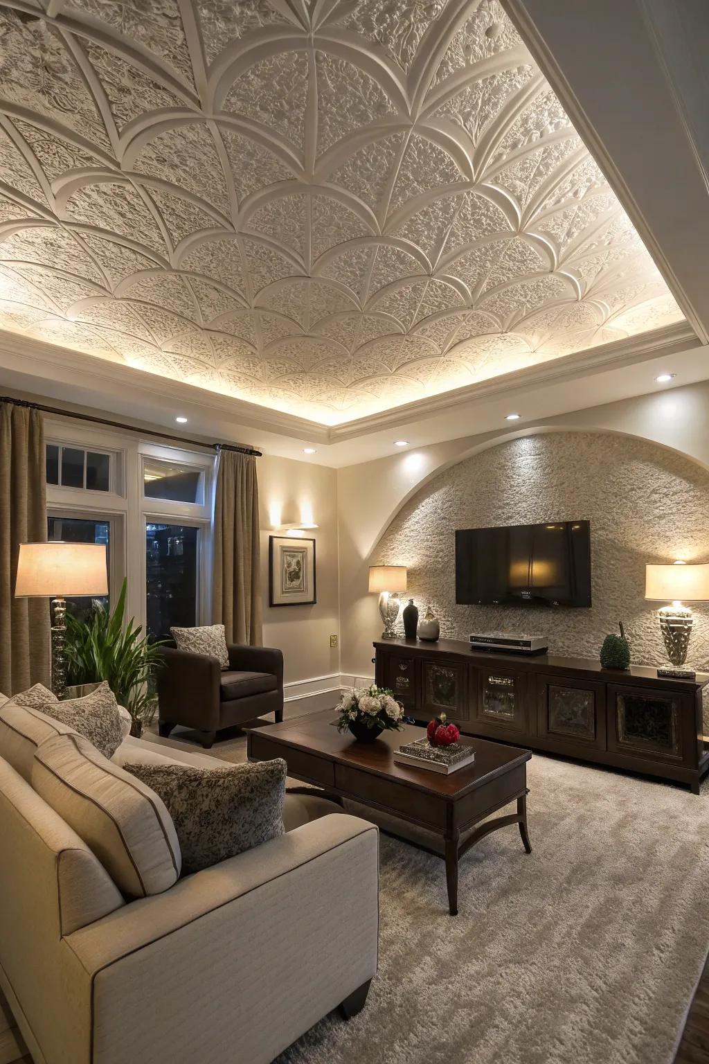 Make a dramatic declaration with the eye-catching slap brush ceiling design.