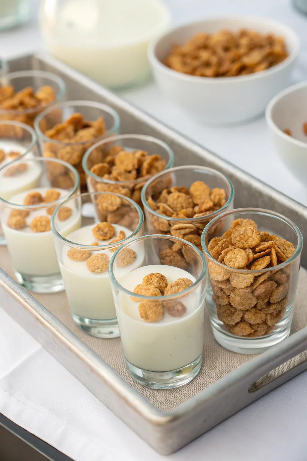 Petite glassware filled with layers of grain and dairy, artfully arranged on a presentation slab.