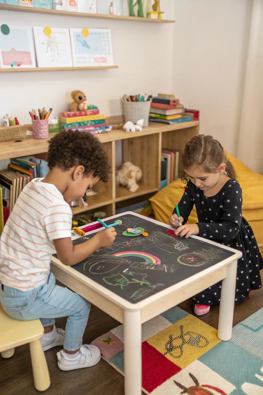 Chalkboard paint on furniture sparks creativity.