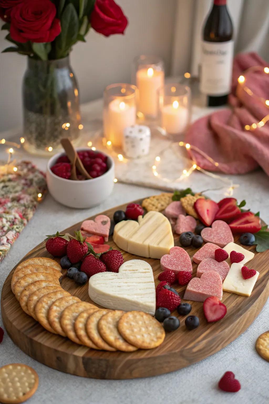Romantically themed platter with heart-shaped accents.