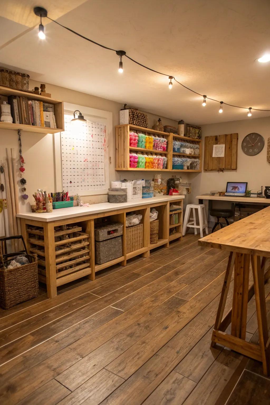 Plywood planks supply a rustic and affordable flooring option for creative spaces.