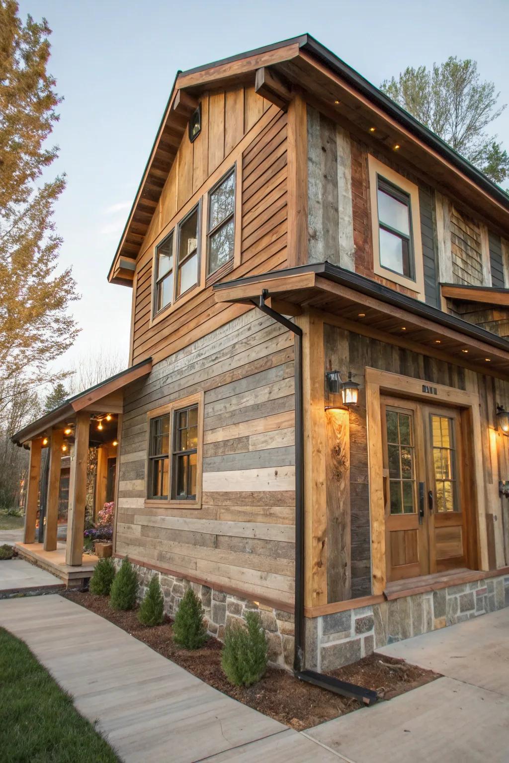 Salvaged timber siding adds character and sustainability.