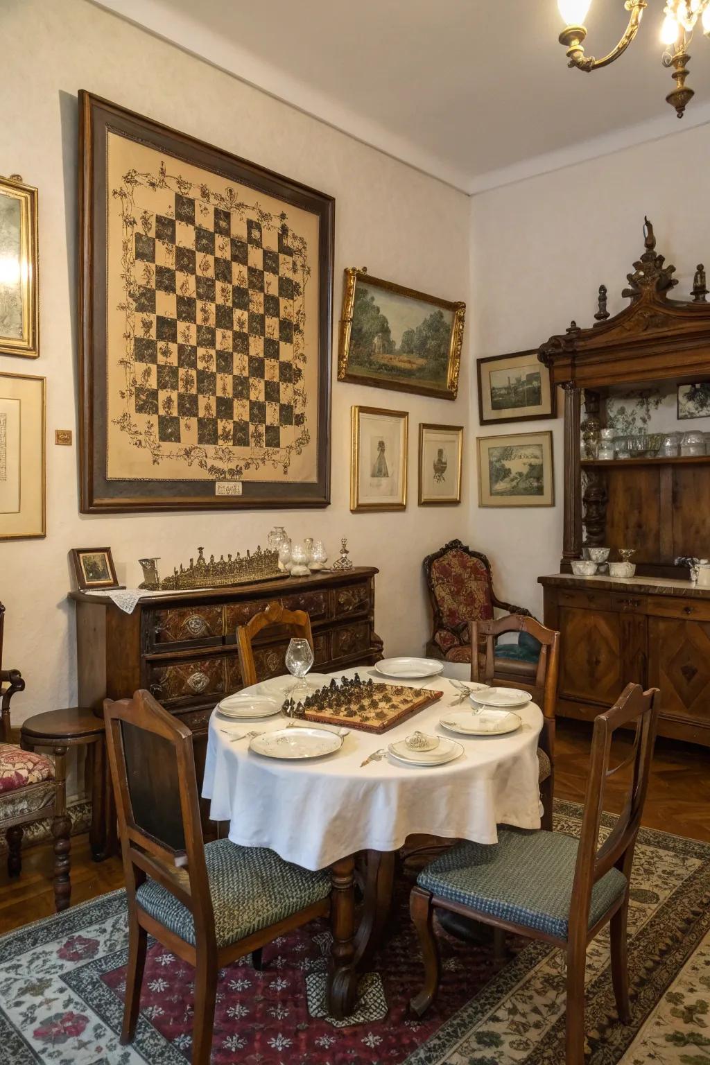 Vintage chess art integrates naturally with antique décor.