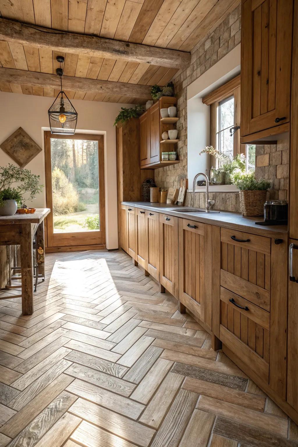 In this inviting kitchen, lumber-style zigzag layout tiles combine rustic appeal with contemporary durability.