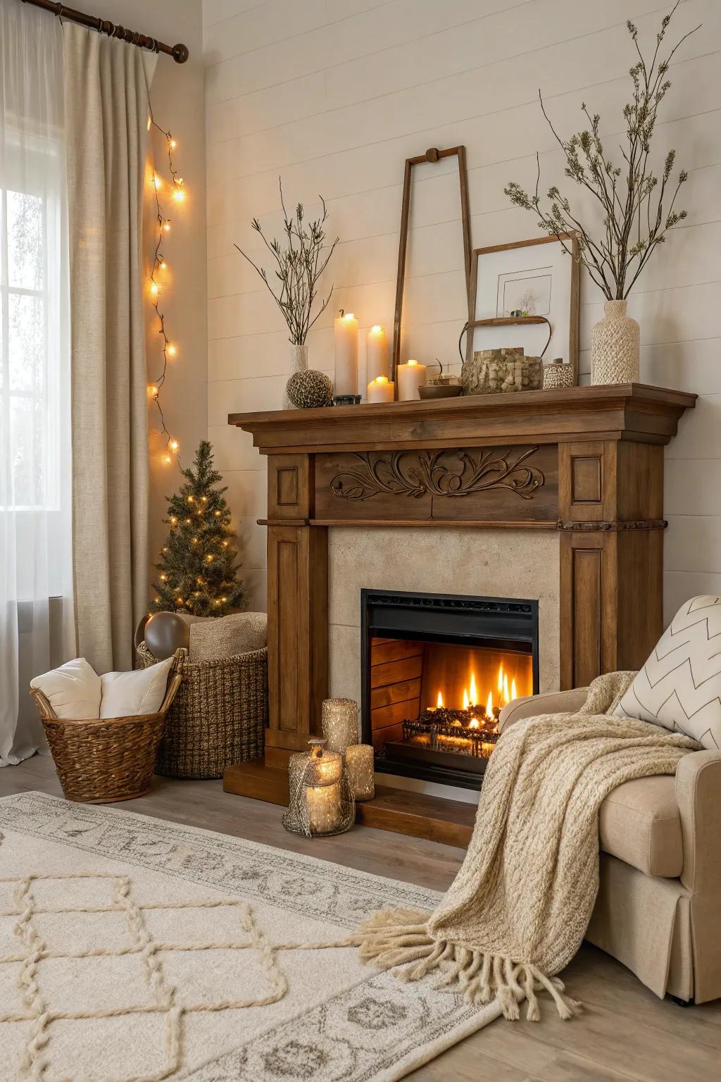 A neutral palette lends sophistication and tranquility to the fireplace area.