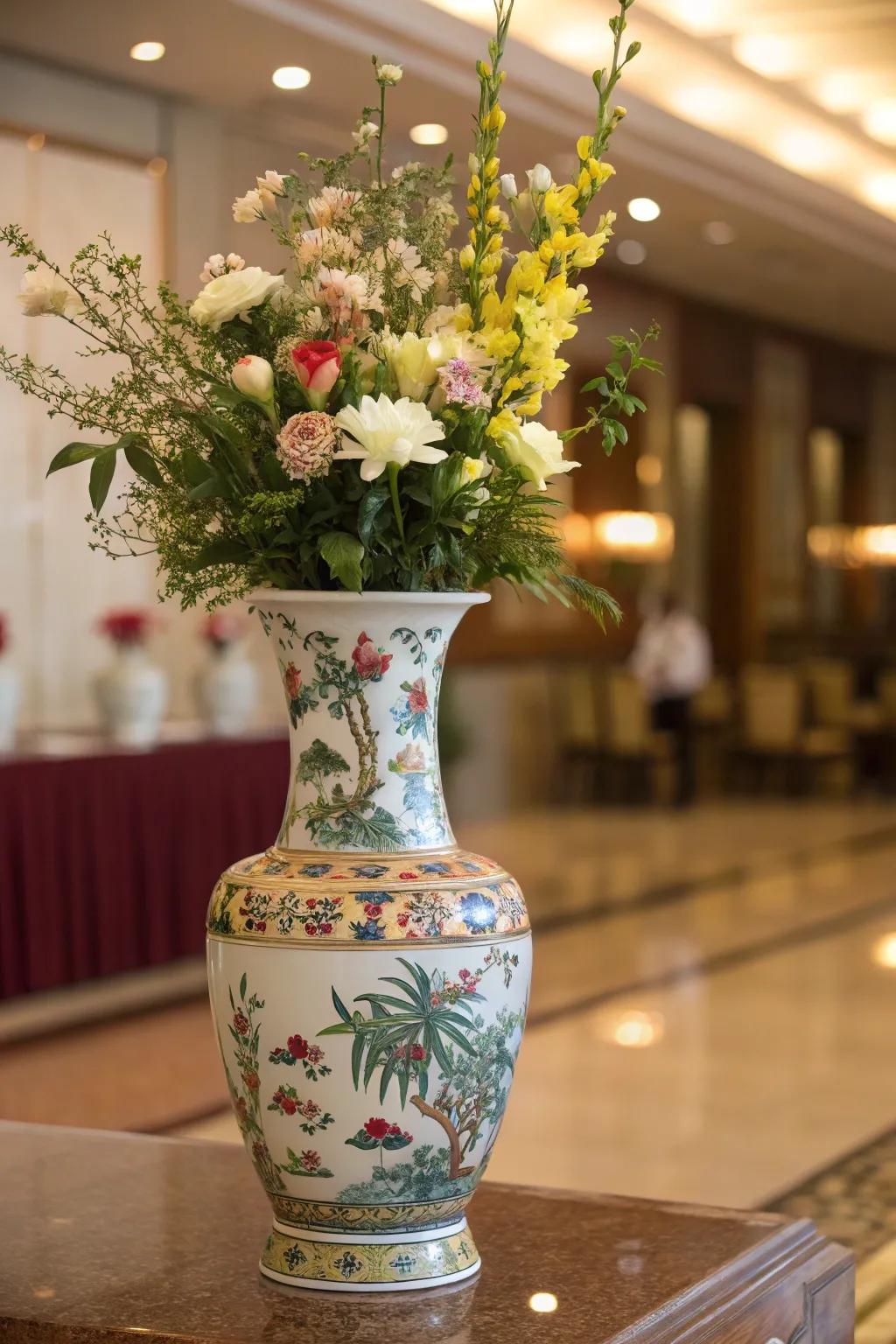 A striking centerpiece showcasing a traditional ceramic vessel.