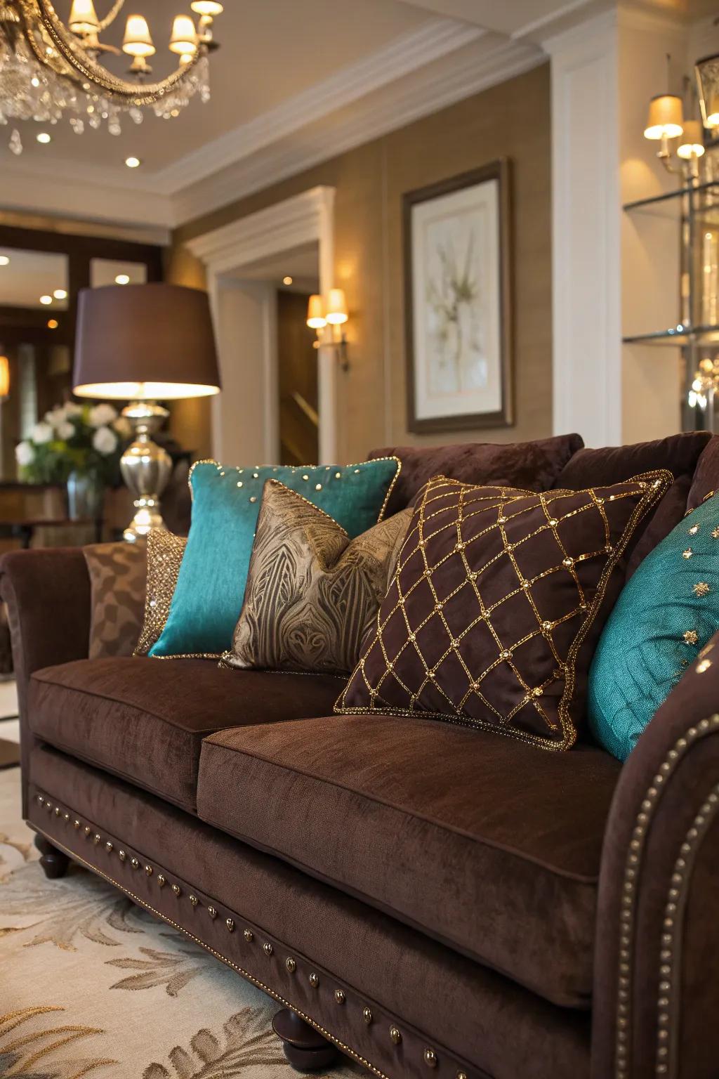 Precious gem tones add luxury and elegance to a cocoa sofa design.