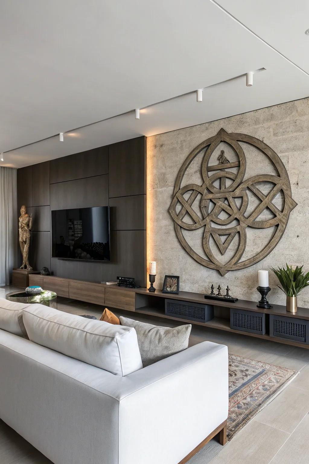 Abstract symbols bring modern spirituality to decor.