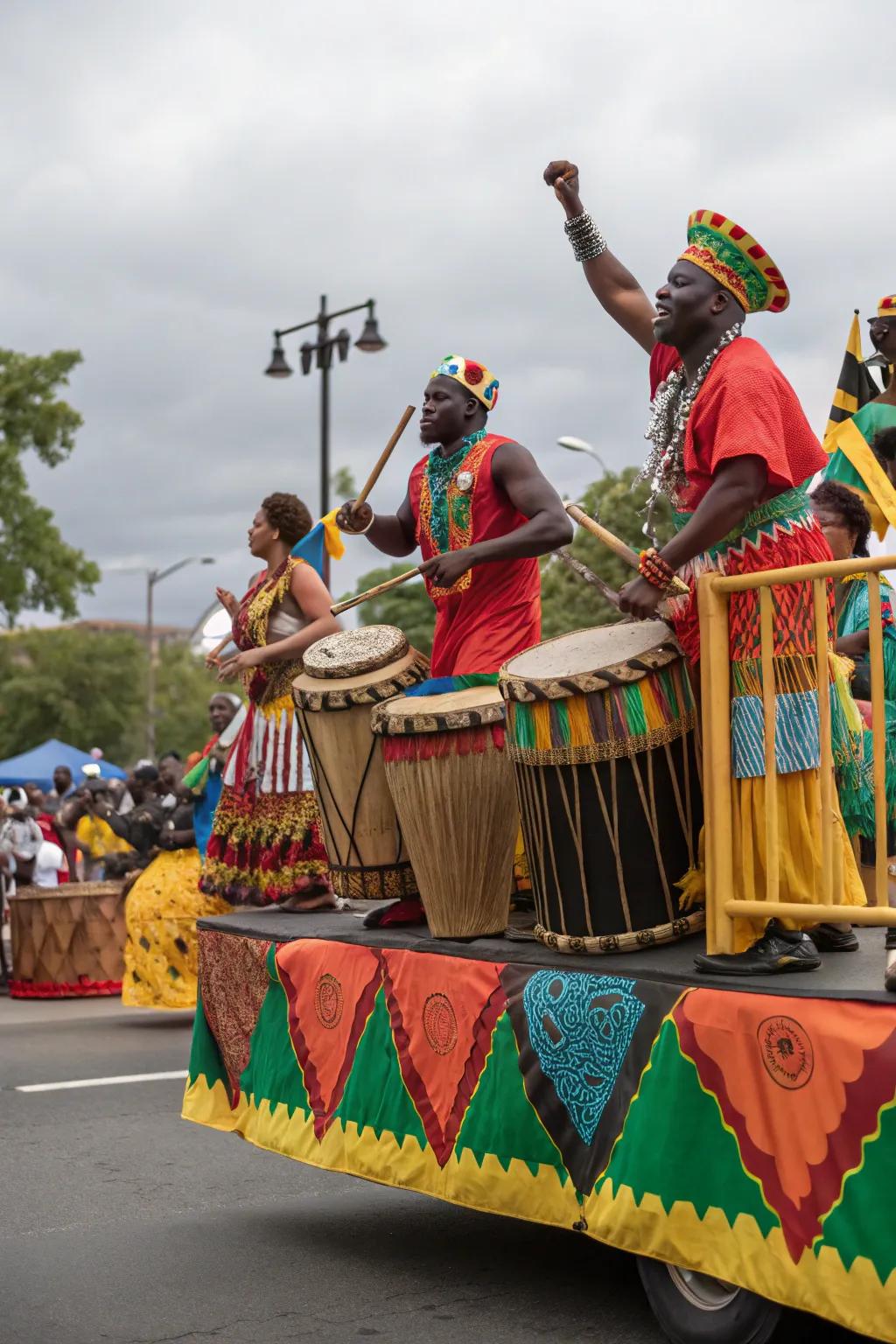African Rhythms Parade float with rhythmic energy.