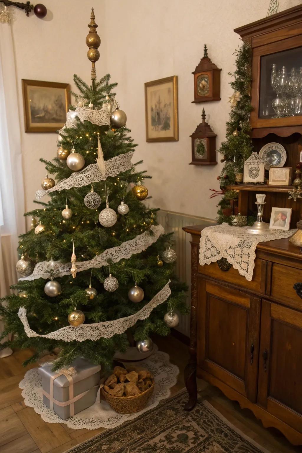 A heritage chic Christmas bauble tree featuring fetching retro ornaments.