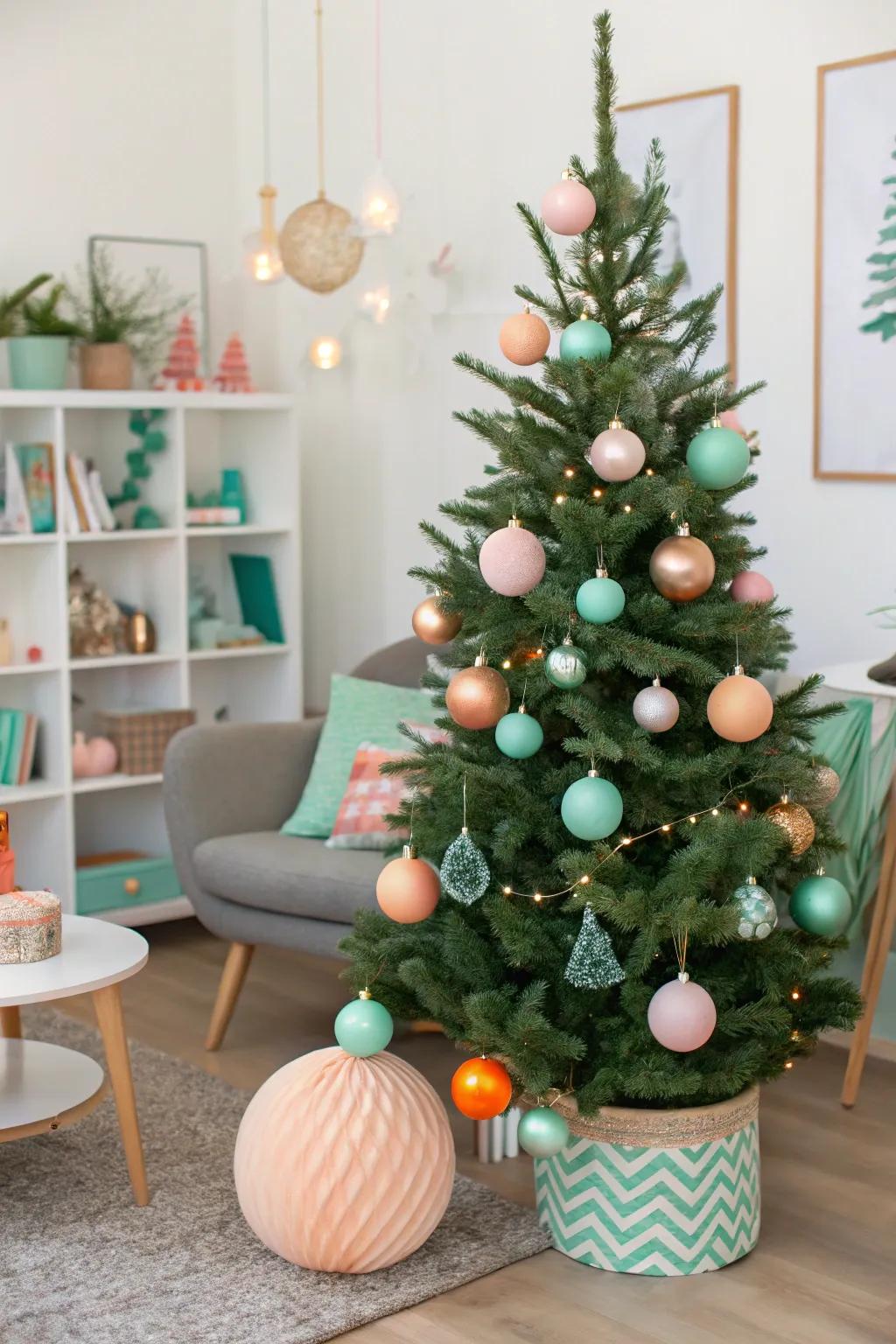 A fun Christmas featuring apricot and menthe verdant decorations.
