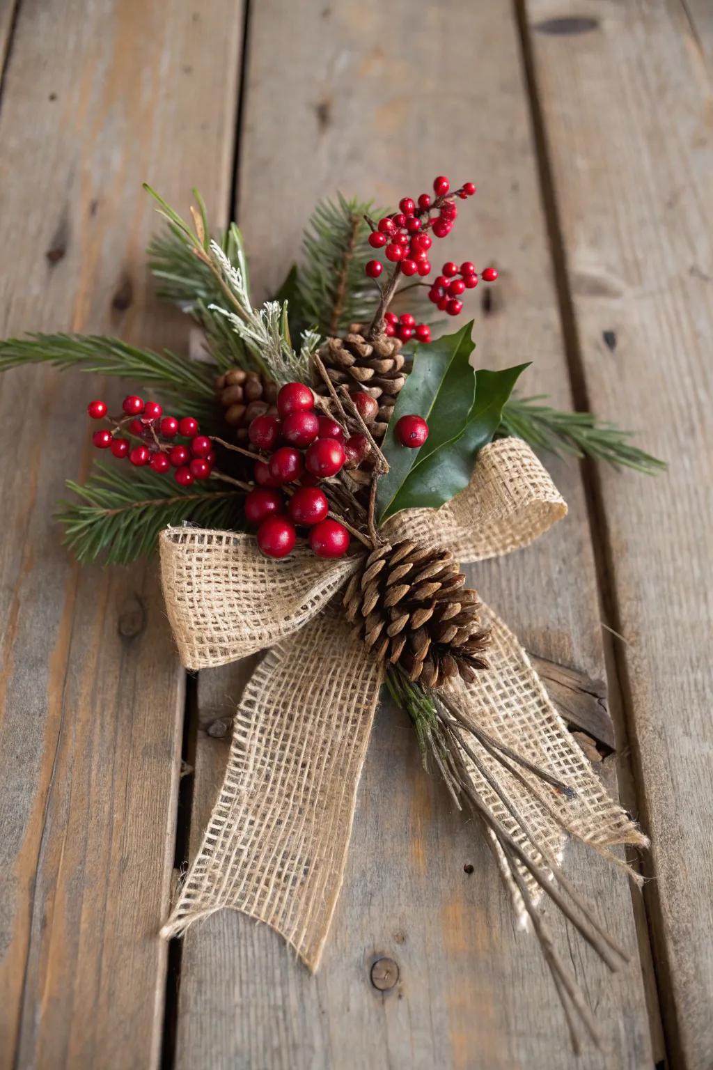 A cozy Christmas posy crafted with hessian and berries.